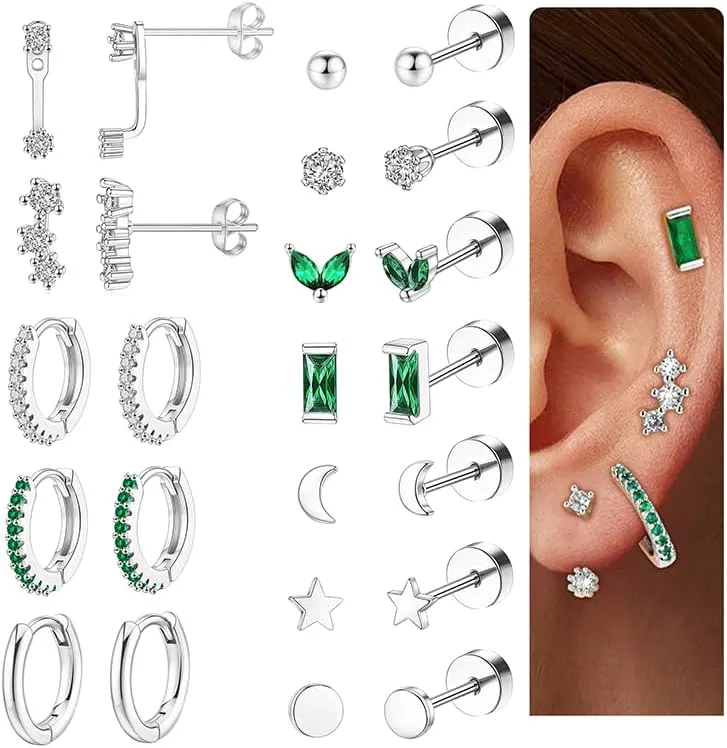 Jewdreamer Dainty Gold Flat Back Hypoallergenic Cartilage Earring Sets for Multiple Piercing - 20G Surgical Stainless Steel, Trendy Stacks, Small Hoop, Flatback Stud
