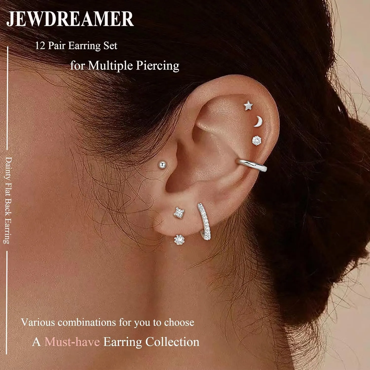Jewdreamer Dainty Gold Flat Back Hypoallergenic Cartilage Earring Sets for Multiple Piercing - 20G Surgical Stainless Steel, Trendy Stacks, Small Hoop, Flatback Stud