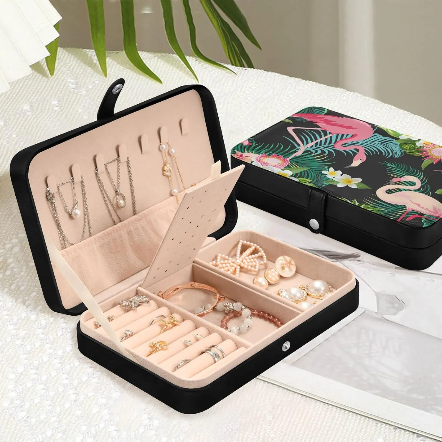 Jewelry Box Organizer Case Holder Display for Women Girls Travel Portable Jewelry Storage for Earrings Ring Necklace Bracelet Watch Small Flamingo Black