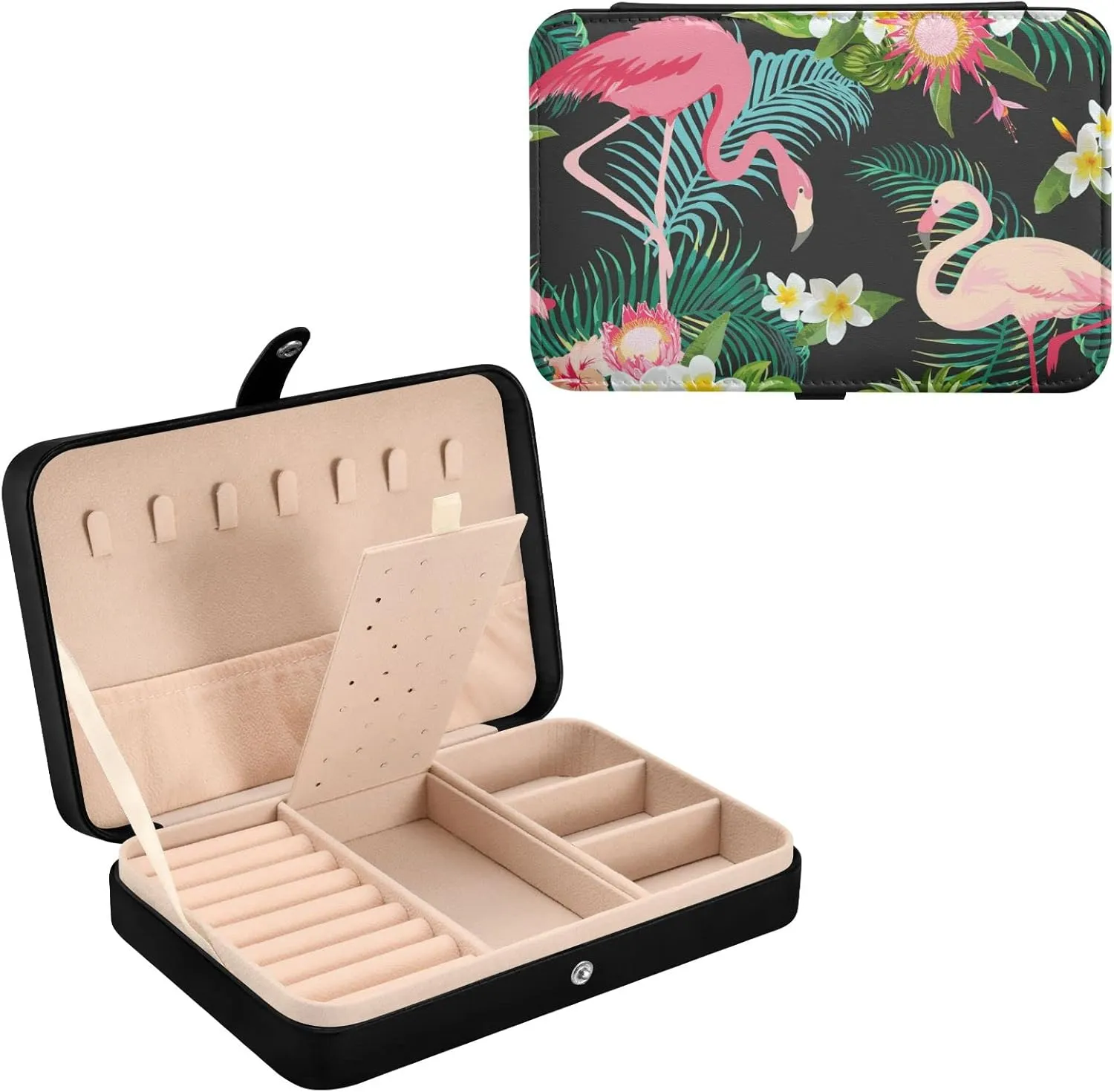 Jewelry Box Organizer Case Holder Display for Women Girls Travel Portable Jewelry Storage for Earrings Ring Necklace Bracelet Watch Small Flamingo Black