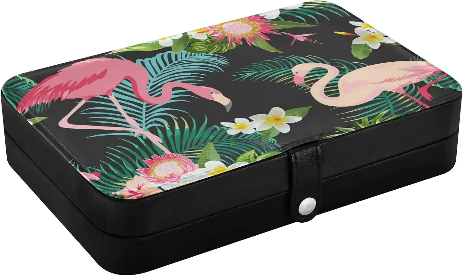 Jewelry Box Organizer Case Holder Display for Women Girls Travel Portable Jewelry Storage for Earrings Ring Necklace Bracelet Watch Small Flamingo Black