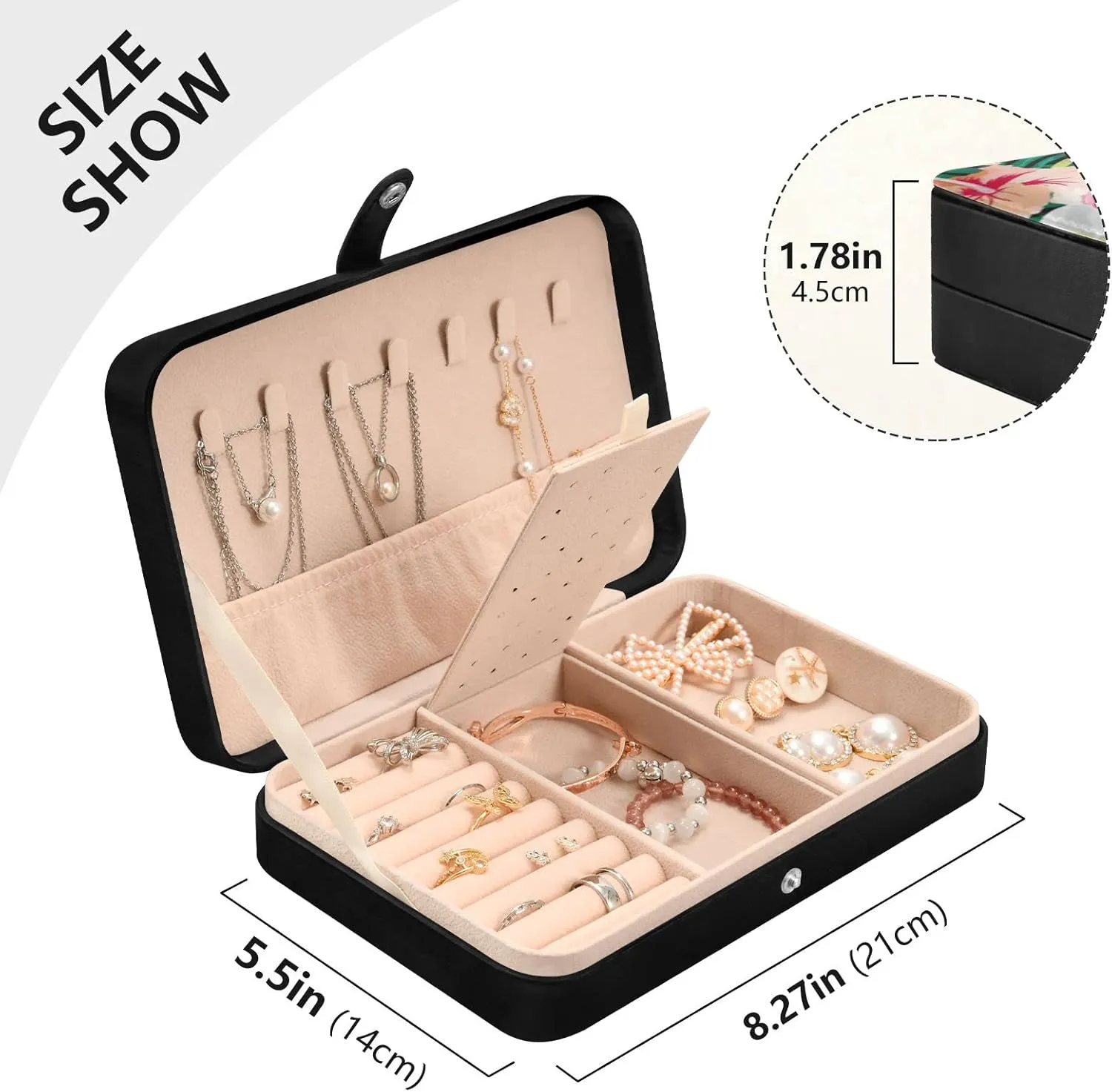 Jewelry Box Organizer Case Holder Display for Women Girls Travel Portable Jewelry Storage for Earrings Ring Necklace Bracelet Watch Small Flamingo Black