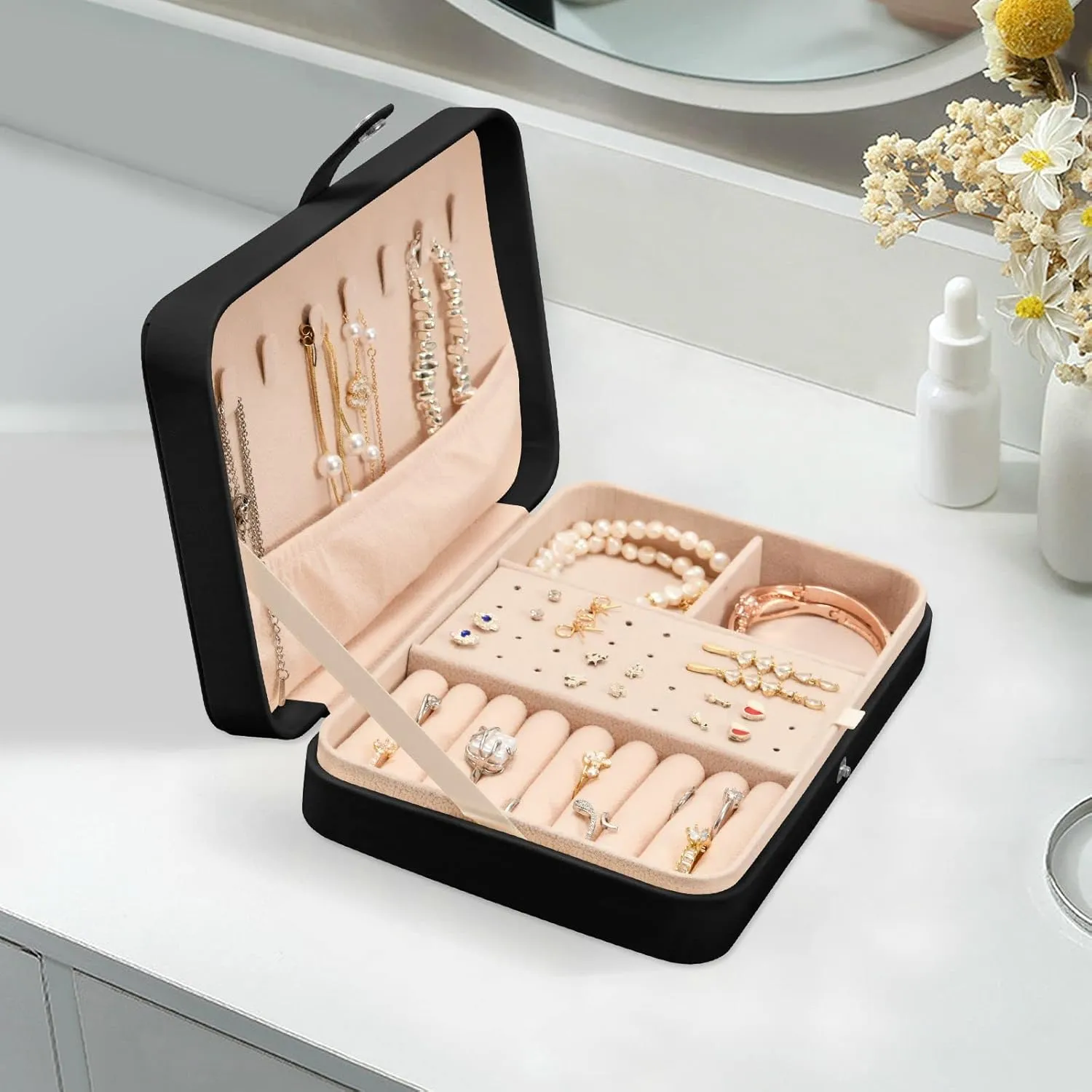 Jewelry Box Organizer Case Holder Display for Women Girls Travel Portable Jewelry Storage for Earrings Ring Necklace Bracelet Watch Small Flamingo Black