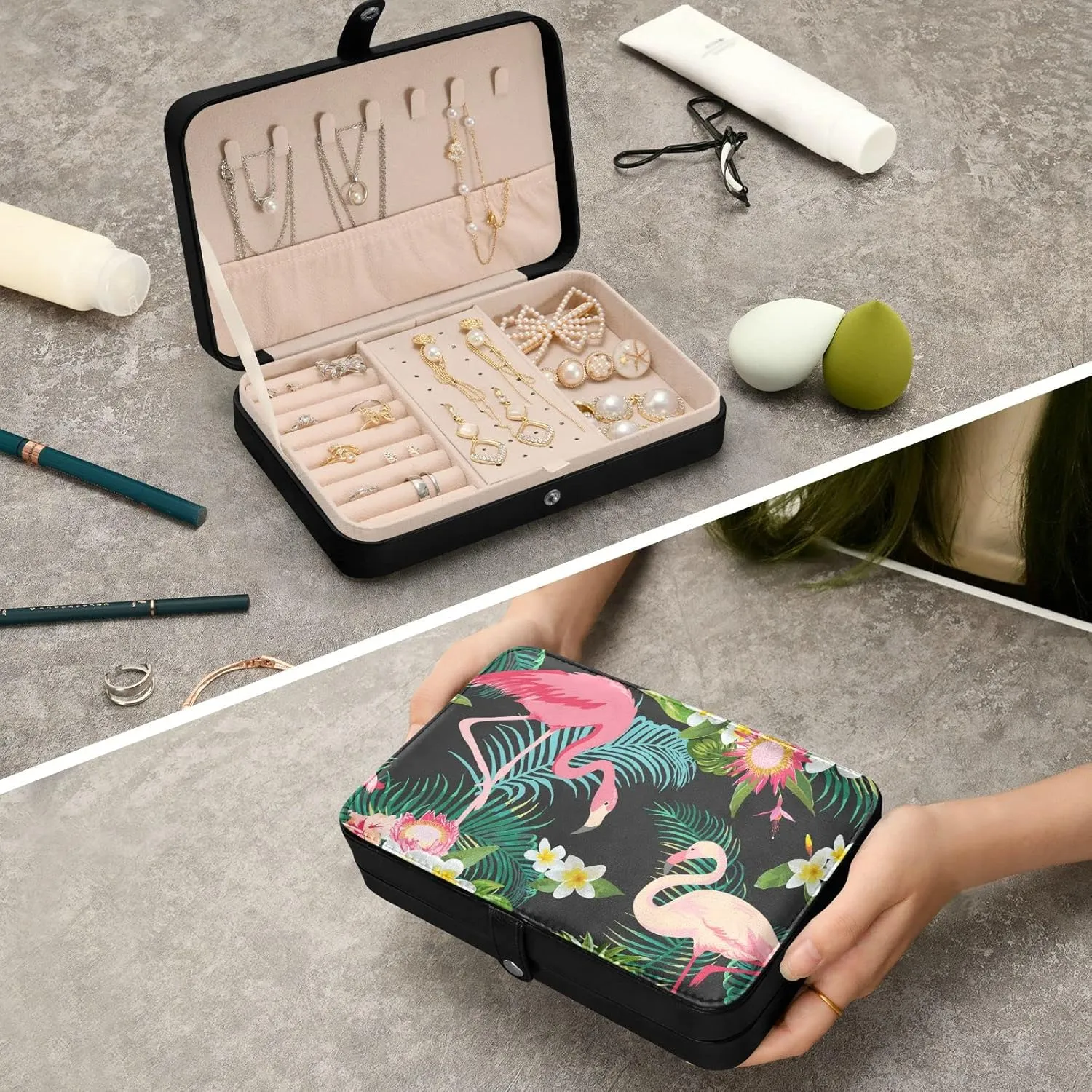 Jewelry Box Organizer Case Holder Display for Women Girls Travel Portable Jewelry Storage for Earrings Ring Necklace Bracelet Watch Small Flamingo Black