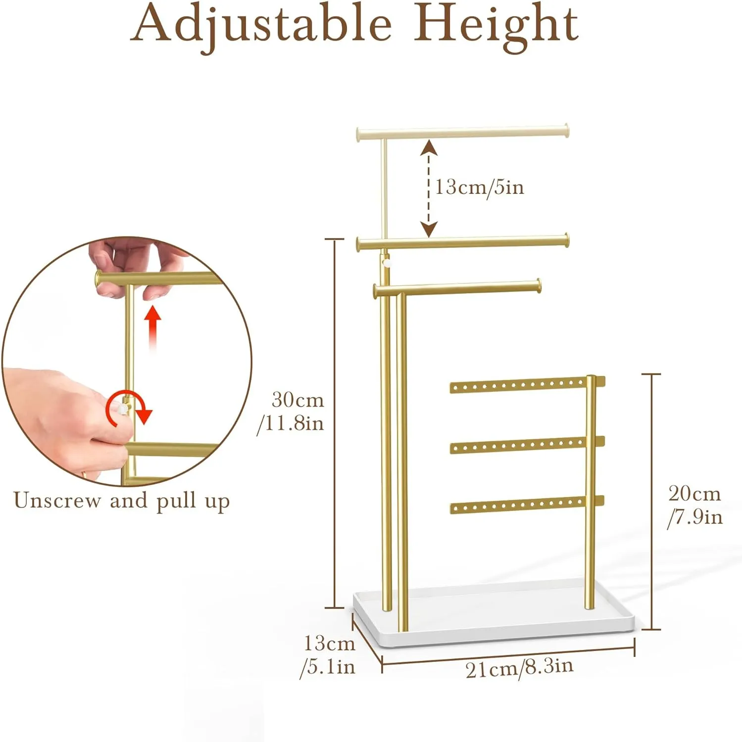 Jewelry Holder Organizer Stand - Adjustable Tall 17.5" (Max), Gift for Women, Gold Jewelry Hanger for Necklaces, Earrings, Bracelets, Rings