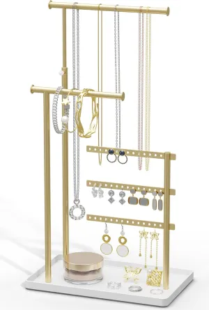 Jewelry Holder Organizer Stand - Adjustable Tall 17.5" (Max), Gift for Women, Gold Jewelry Hanger for Necklaces, Earrings, Bracelets, Rings