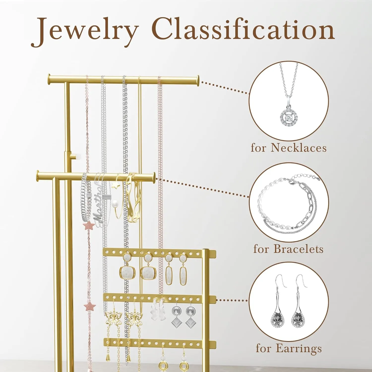 Jewelry Holder Organizer Stand - Adjustable Tall 17.5" (Max), Gift for Women, Gold Jewelry Hanger for Necklaces, Earrings, Bracelets, Rings
