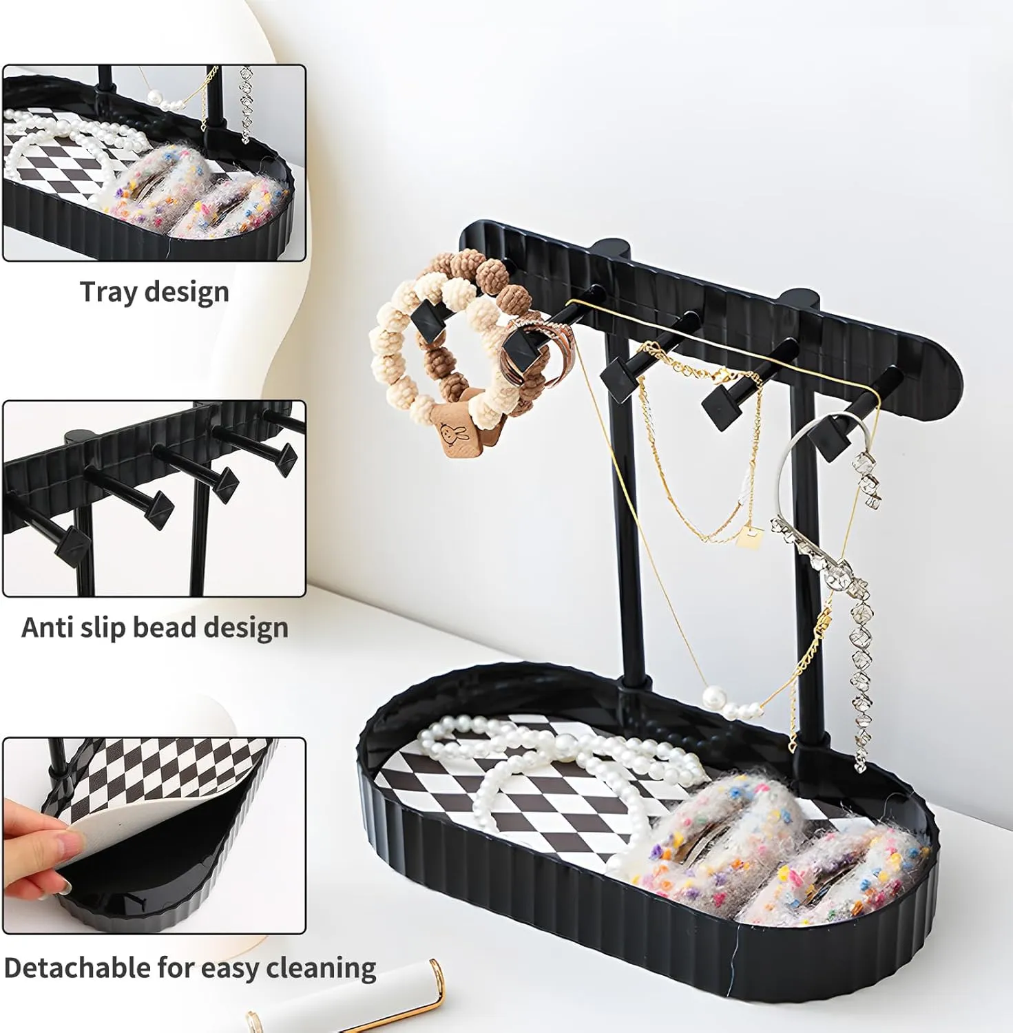 Jewelry Organizer Stand, Necklaces Holder with Wooden Tray, Necklace Display Stand Jewelry Storage Hooks for Necklace, Bracelets, Earrings, Ring, Keys, Watches (Black-Check)
