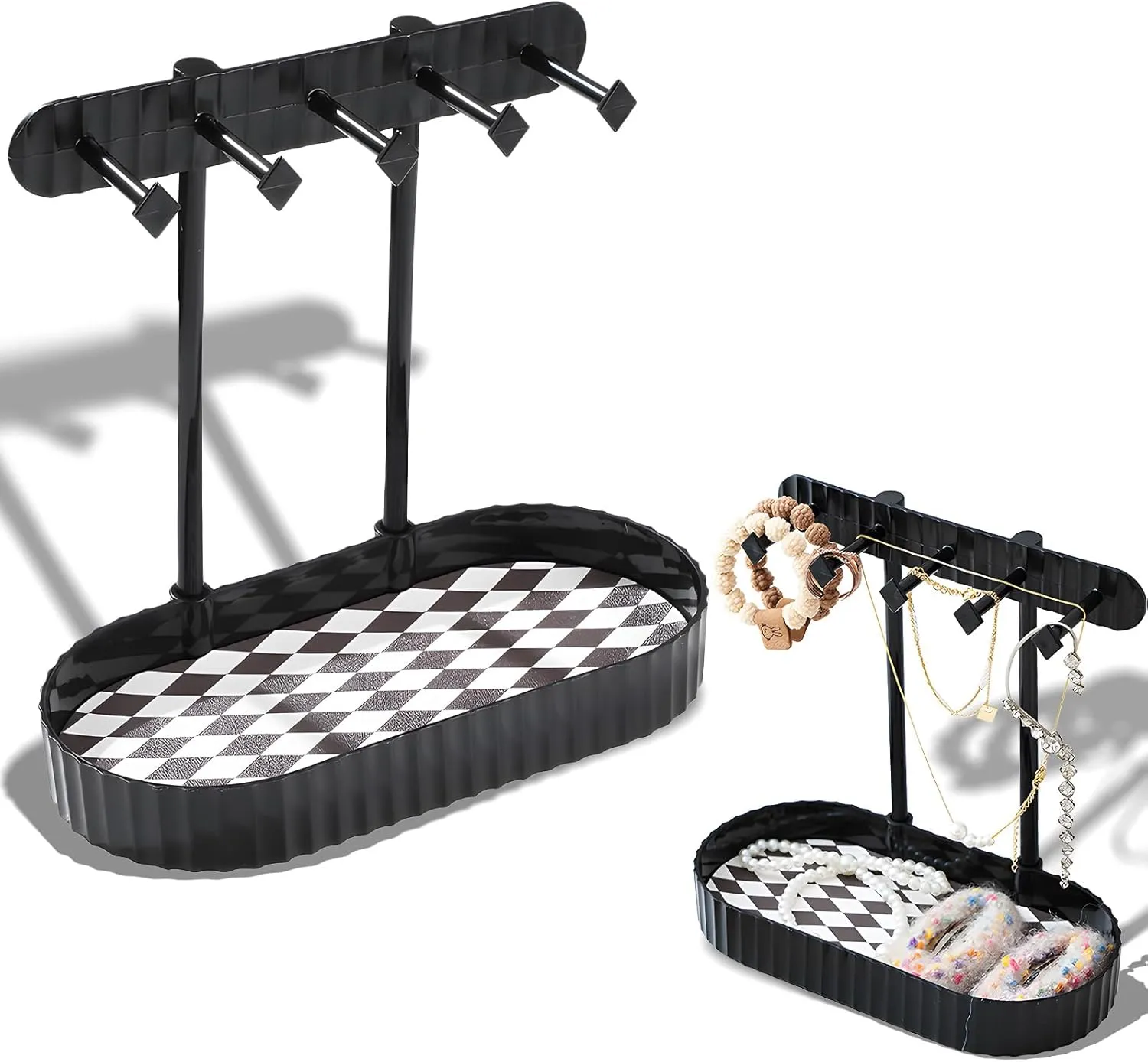 Jewelry Organizer Stand, Necklaces Holder with Wooden Tray, Necklace Display Stand Jewelry Storage Hooks for Necklace, Bracelets, Earrings, Ring, Keys, Watches (Black-Check)