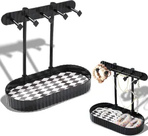 Jewelry Organizer Stand, Necklaces Holder with Wooden Tray, Necklace Display Stand Jewelry Storage Hooks for Necklace, Bracelets, Earrings, Ring, Keys, Watches (Black-Check)