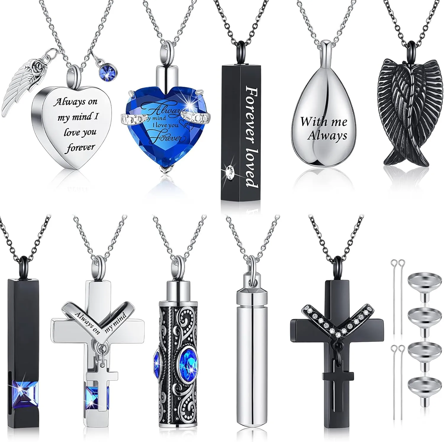 Jexine 10 Pcs Urn Necklace For Ashes Cremation Jewelry Wings Tear Drop Cross Crystal Ashes Necklace Stainless Steel Zircon Memorial Locket Vertical Bar Heart Waterproof Keepsake For Men