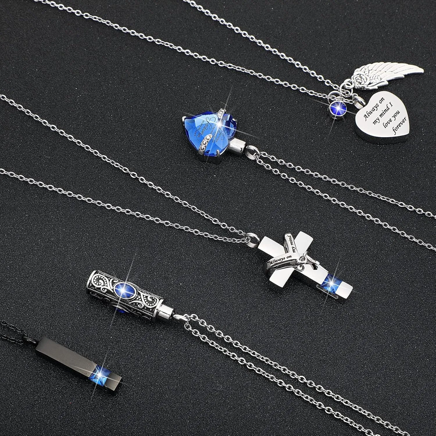 Jexine 10 Pcs Urn Necklace For Ashes Cremation Jewelry Wings Tear Drop Cross Crystal Ashes Necklace Stainless Steel Zircon Memorial Locket Vertical Bar Heart Waterproof Keepsake For Men