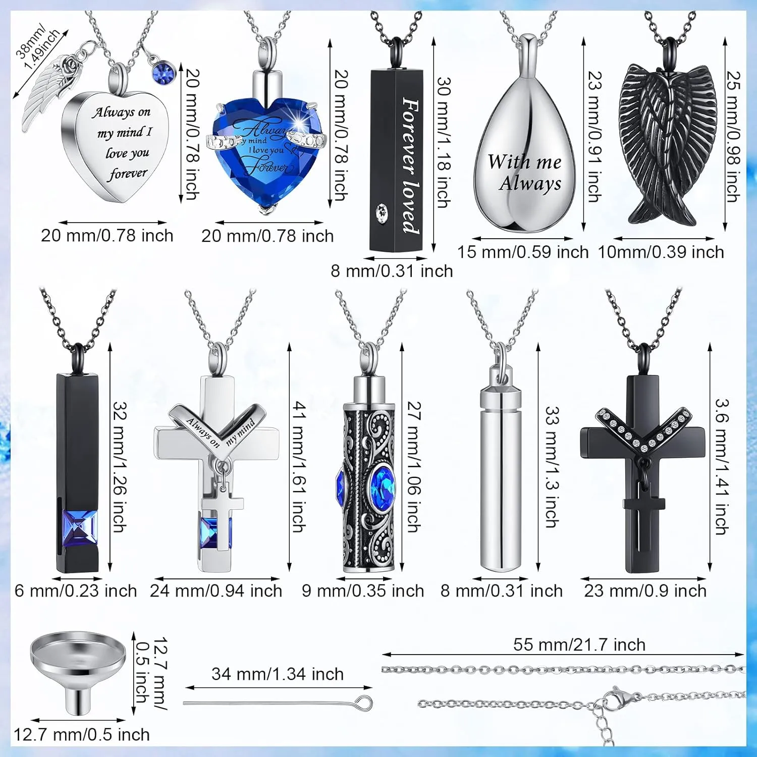 Jexine 10 Pcs Urn Necklace For Ashes Cremation Jewelry Wings Tear Drop Cross Crystal Ashes Necklace Stainless Steel Zircon Memorial Locket Vertical Bar Heart Waterproof Keepsake For Men