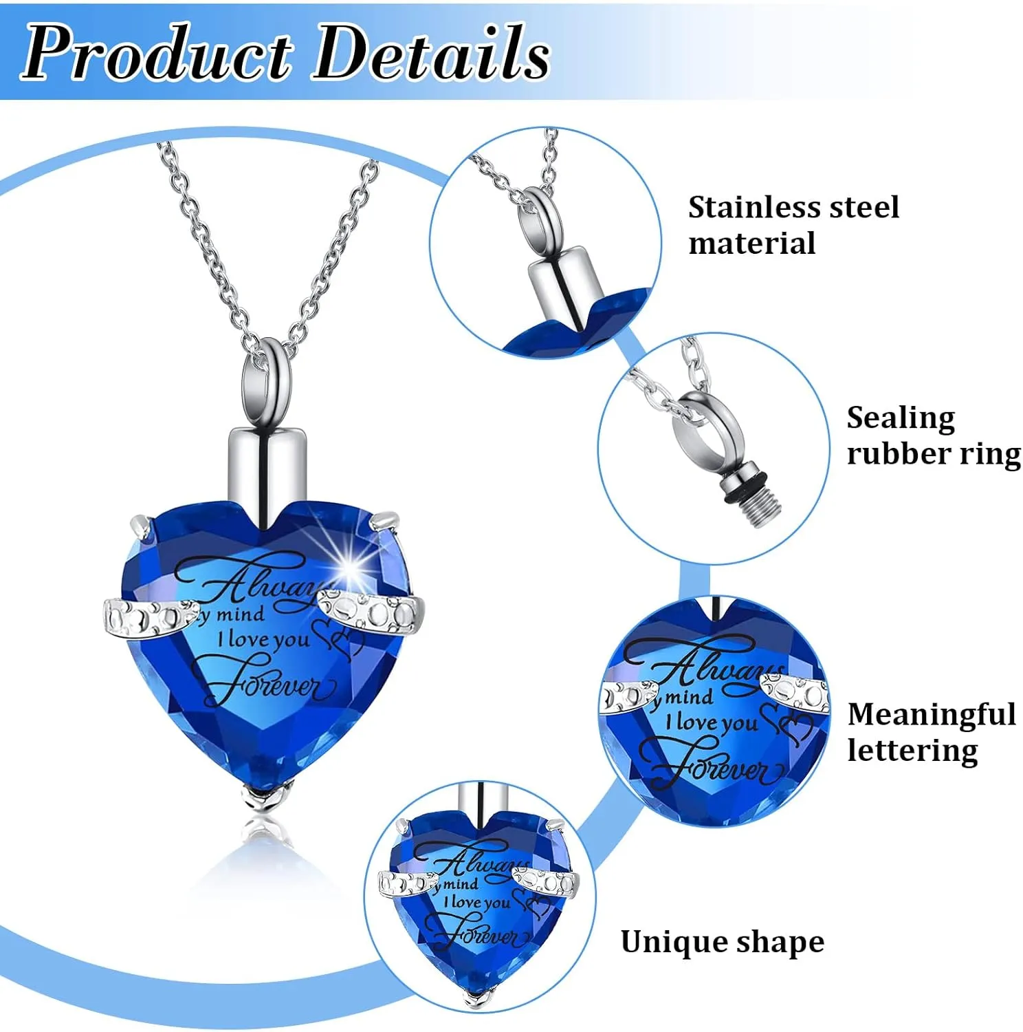 Jexine 10 Pcs Urn Necklace For Ashes Cremation Jewelry Wings Tear Drop Cross Crystal Ashes Necklace Stainless Steel Zircon Memorial Locket Vertical Bar Heart Waterproof Keepsake For Men