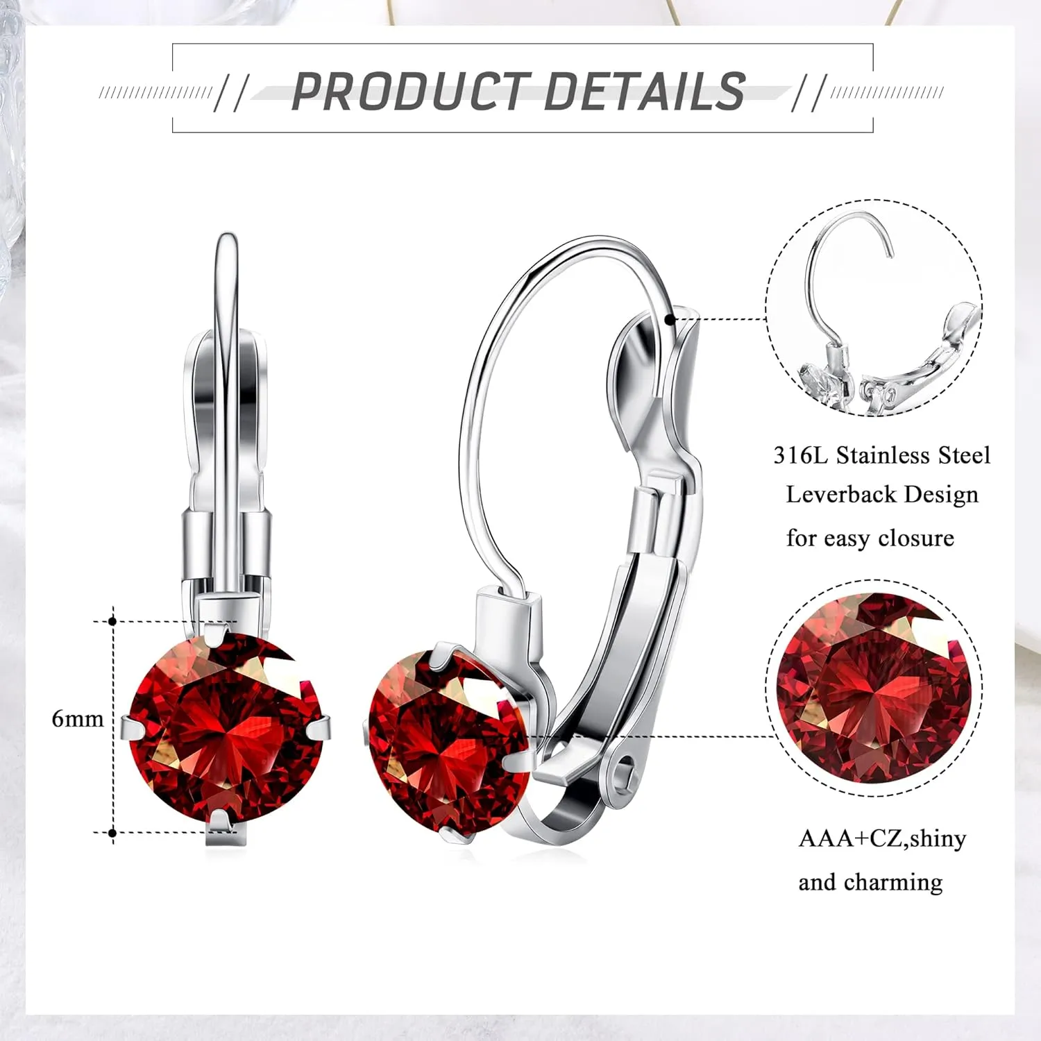 JOERICA 12 Pairs Leverback Dangle Earrings Set for Women Gold Plated CZ Stainless Steel Earrings 6/10MM Multicolor Cubic Zirconia Drop Earrings