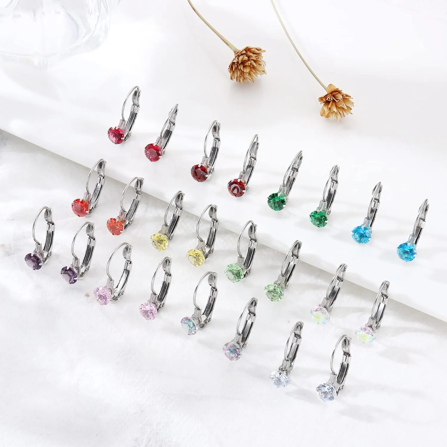 JOERICA 12 Pairs Leverback Dangle Earrings Set for Women Gold Plated CZ Stainless Steel Earrings 6/10MM Multicolor Cubic Zirconia Drop Earrings