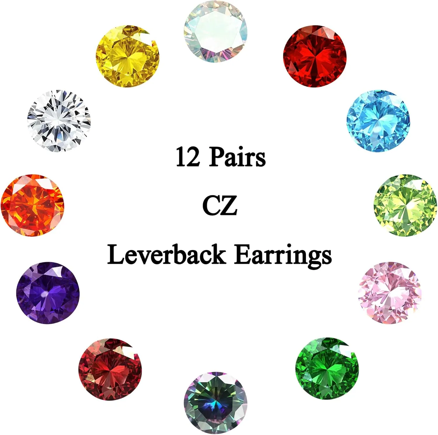 JOERICA 12 Pairs Leverback Dangle Earrings Set for Women Gold Plated CZ Stainless Steel Earrings 6/10MM Multicolor Cubic Zirconia Drop Earrings