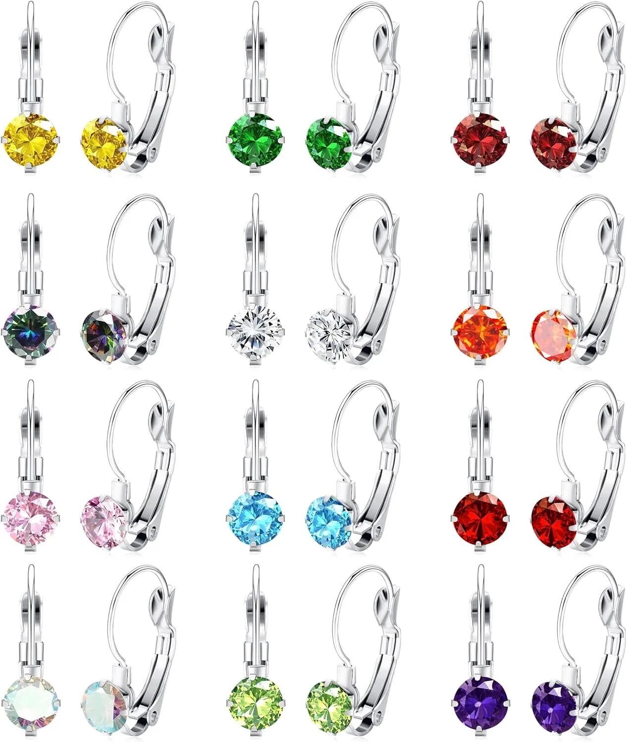 JOERICA 12 Pairs Leverback Dangle Earrings Set for Women Gold Plated CZ Stainless Steel Earrings 6/10MM Multicolor Cubic Zirconia Drop Earrings