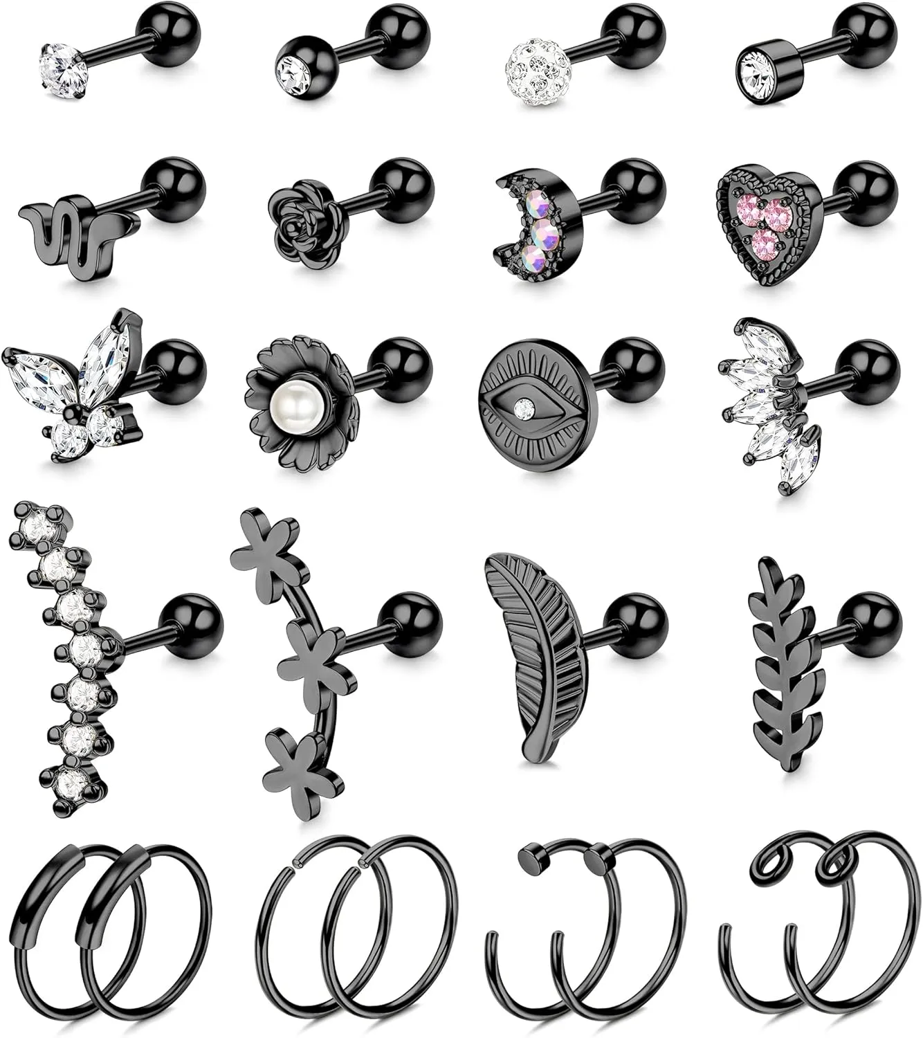 JOERICA 24PCS 16G Cartilage Earrings for Women Helix Tragus Piercing Earrings Flower butterfly Heart Stars Moon Stainless Steel Cartilage Earrings