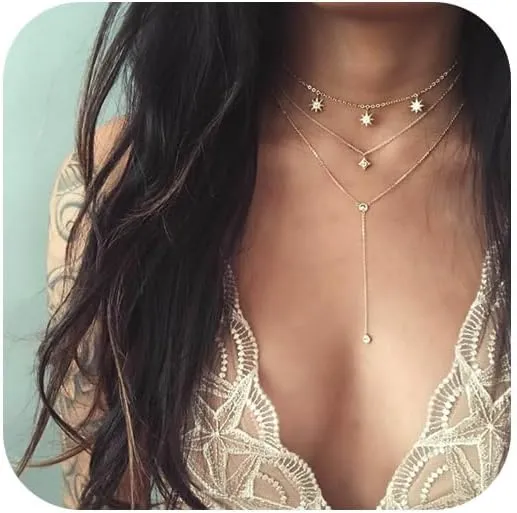 Jovono Boho Choker Necklaces Layered Star Pendant Necklace Chain Rhinestone Necklace Chain Jewelry for Women(Set A)