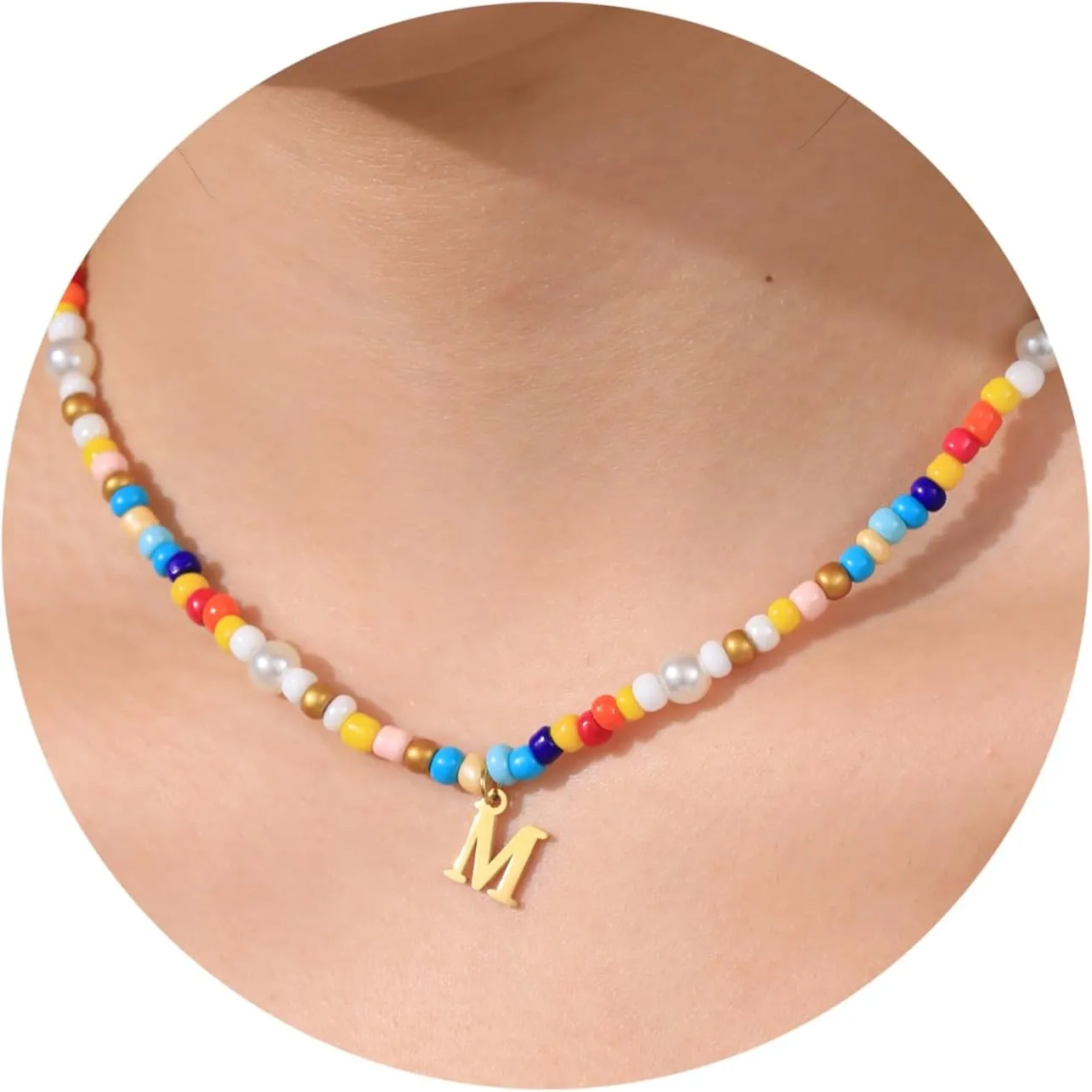 JSJOY Colorful Beaded Initial Necklace for Women, Y2K Rainbow Beaded Choker with Gold A-Z Letter Pendant Summer Jewelry Gift Handmade Boho Beaded Initial Necklace for Teens Trendy