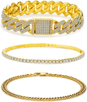 JUNVirtuous 3 Pieces Bracelets Set for Women Cuban Link Chain Ankle Bracelets Silver/Gold Bling Diamond Hip Hop Jewelry Gift for Men and Women