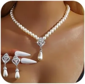 JWICOS Pearl Bridal Necklace Earrings Set Sliver Rhinestone Necklaces Crystal Bride Choker Necklace Accessories for Women and Wedding