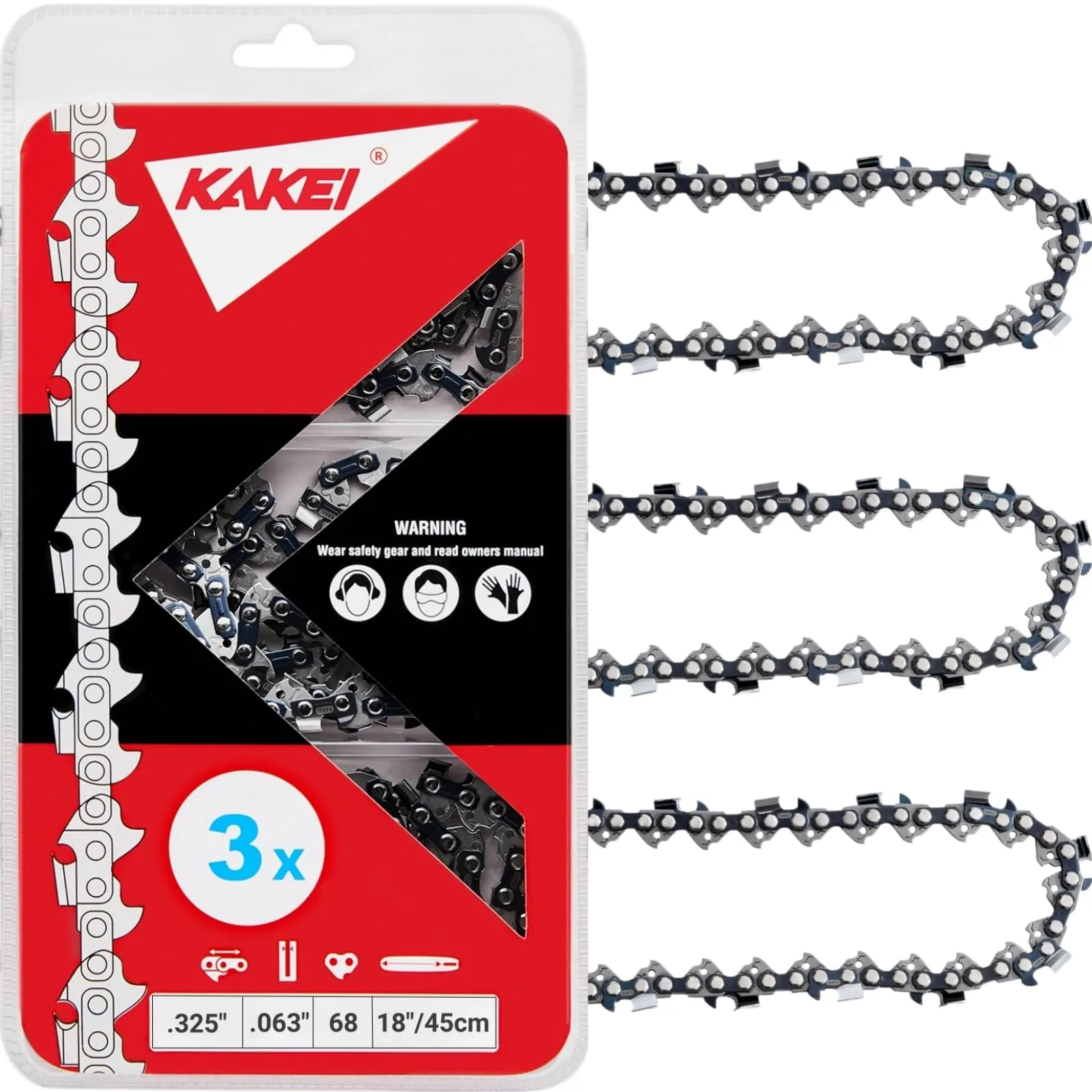KAKEI Stihl Chainsaw Chain 18 Inch .325" Pitch .063" Gauge 68 Drive Links- 26RS 68 Fits Stihl (PRE 2023 .063" Gauge) 025, MS250, MS251-36390050068, V68 (3 Chains)