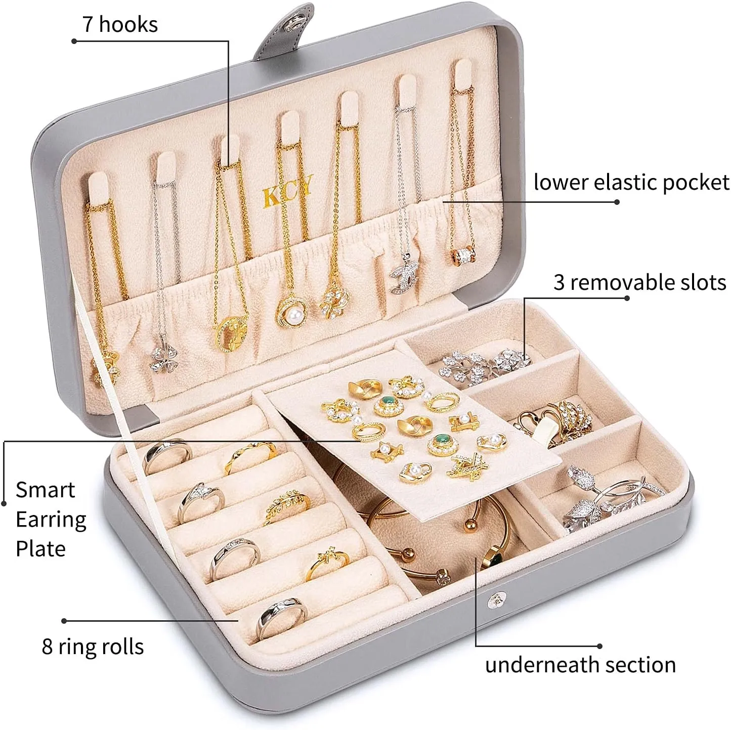 KCY Travel Jewelry Organizer Box for Women Girls, Small Travel Jewelry Case, PU Leather Portable Jewellery Storage Boxes Display Holder for Ring Earrings Necklace Bracelet Bangle, Gifts,Grey