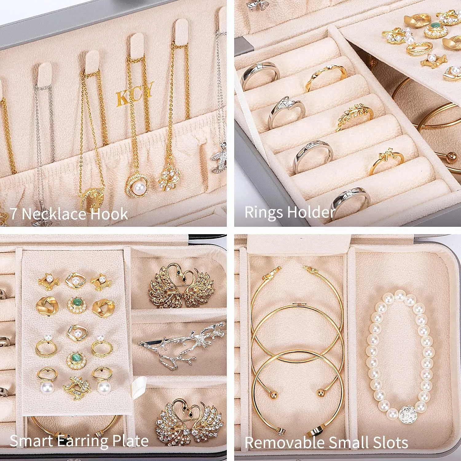 KCY Travel Jewelry Organizer Box for Women Girls, Small Travel Jewelry Case, PU Leather Portable Jewellery Storage Boxes Display Holder for Ring Earrings Necklace Bracelet Bangle, Gifts,Grey