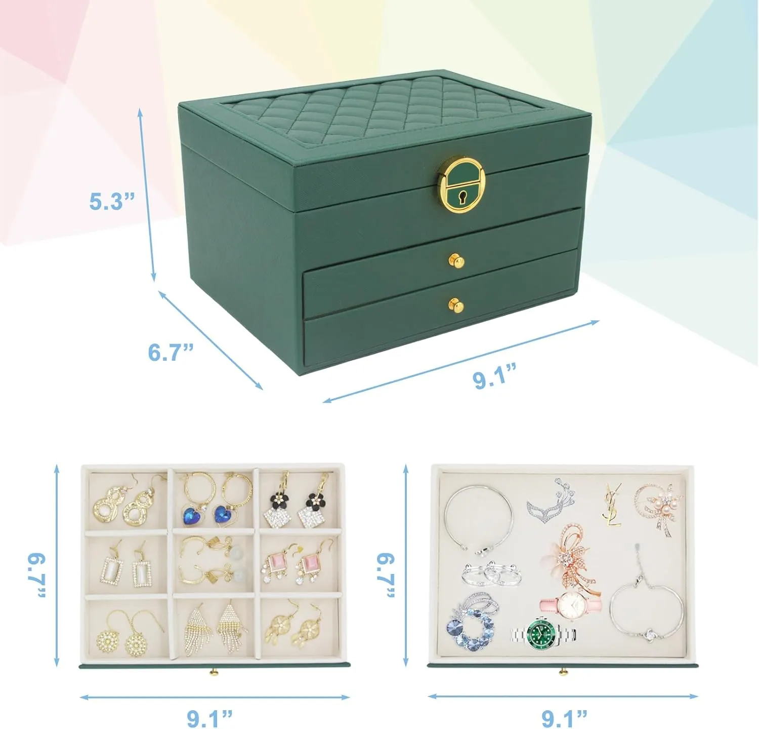 KOOAAICCHI Jewelry Box for Women, 3-Layer Jewelry Organizer, Jewelry Storage Case PU Leather for Earrings, Bracelets, Ring, Necklaces-Green