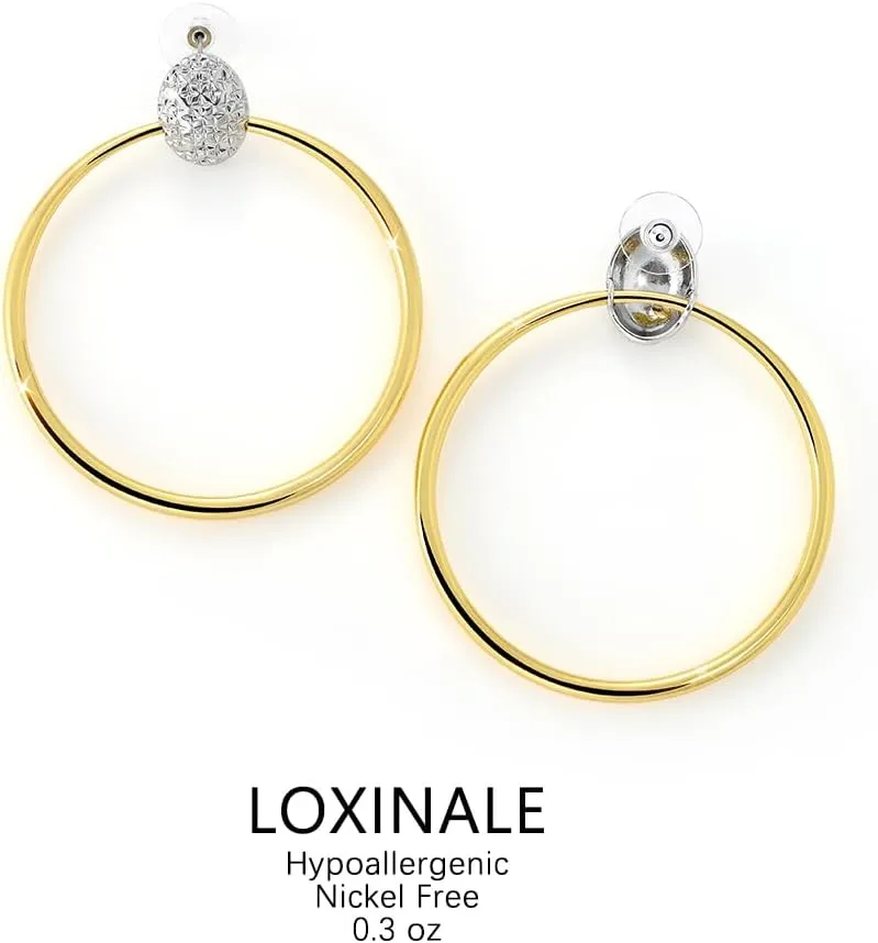Large Thin Hoop Earrings - Big 18k Gold Plated Door Knocker Earings, Lightweight Minimalism Loop Earing, Statement Circle Stud Earings for Sensitive Pierced Earlobes