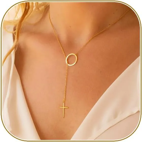 Lariat Gold Necklace for Women, Dainty Long Necklace 14k Gold Plated/Silver Y-Shaped Layered Beaded Chain Drop Necklaces for Women Trendy Simple Gold Jewelry for Women Gifts