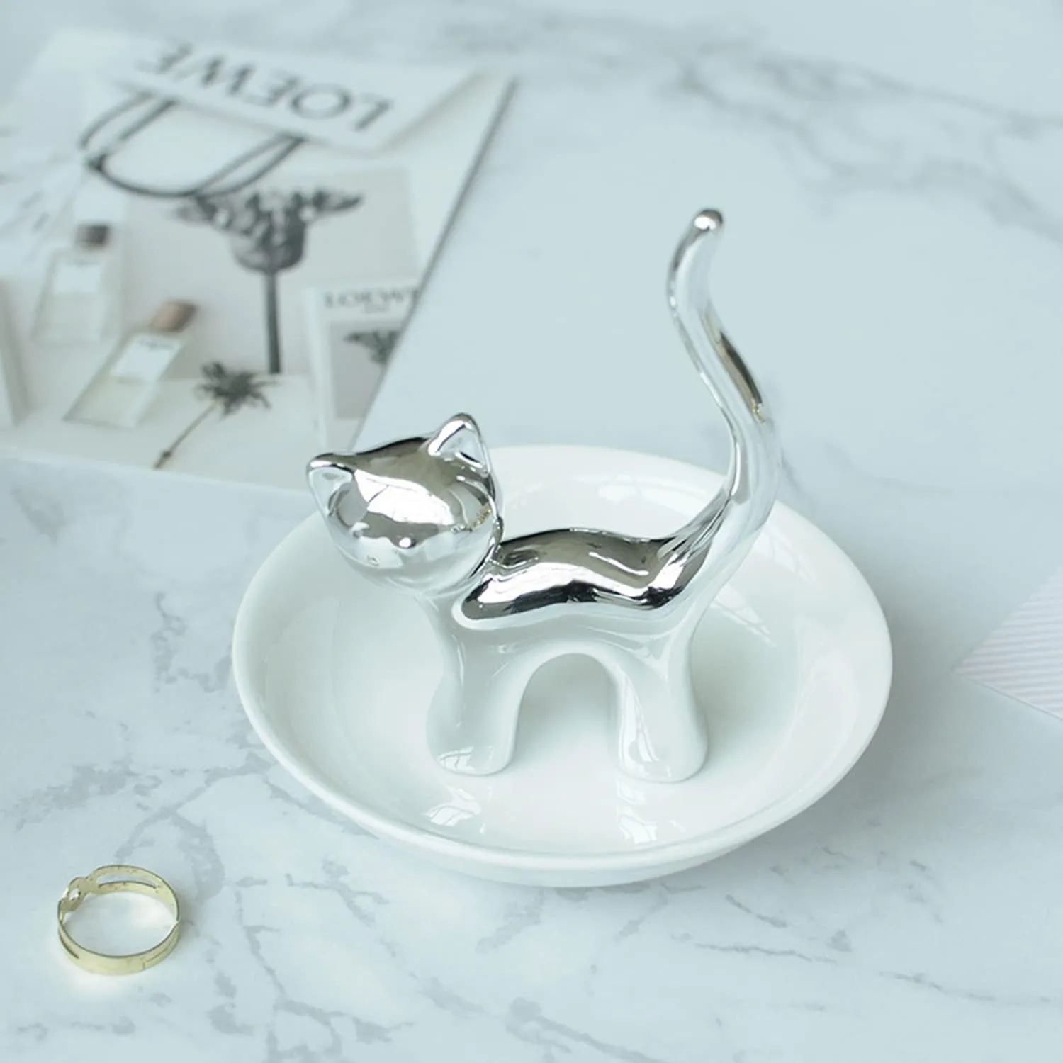 Lependor Cute Animals Cat Ring Holder Ring Dish Jewelry Holder Rings Bracelets Earrings Trinket Tray for Women Girls Birthday Gift - Silver Cat