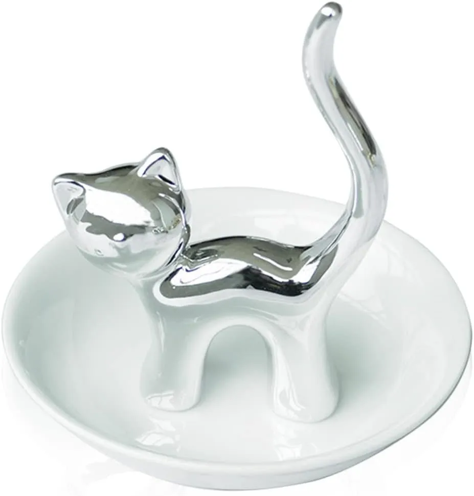 Lependor Cute Animals Cat Ring Holder Ring Dish Jewelry Holder Rings Bracelets Earrings Trinket Tray for Women Girls Birthday Gift - Silver Cat