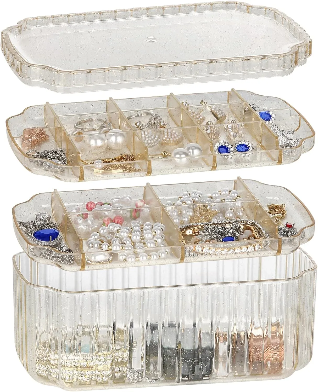 LETURE 3-Layer Jewelry Organizer Box for Earrings, Rings, Necklaces, Bracelets, Clear Plastic Bead Storage Containers for Crafts (Gold)