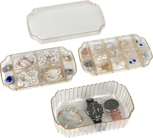 LETURE 3-Layer Jewelry Organizer Box for Earrings, Rings, Necklaces, Bracelets, Clear Plastic Bead Storage Containers for Crafts (Gold)