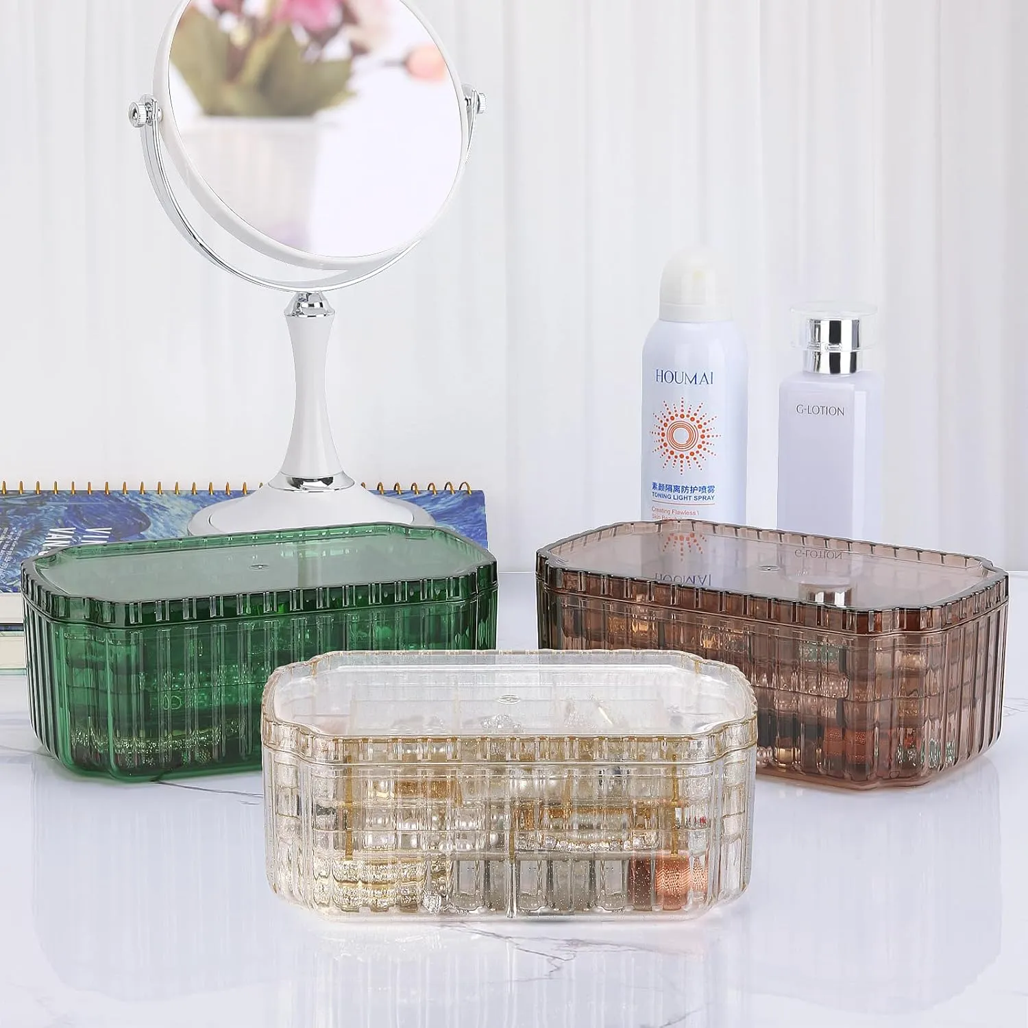 LETURE 3-Layer Jewelry Organizer Box for Earrings, Rings, Necklaces, Bracelets, Clear Plastic Bead Storage Containers for Crafts (Gold)
