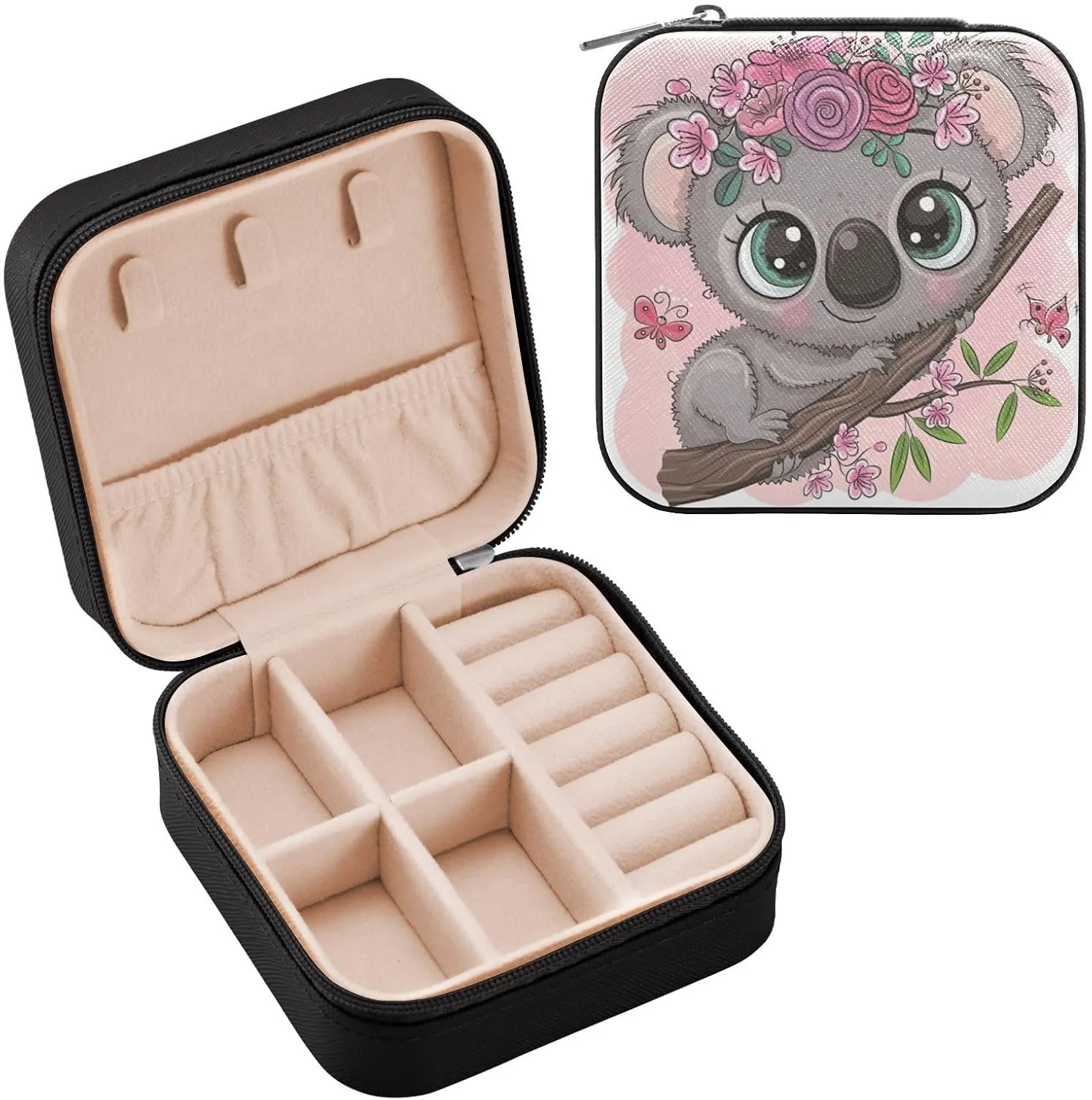 linqin PU Leather Jewelry Box, Cute Cartoon Koala Travel Jewelry Case Portable Jewelry Organizer for Rings Earrings Necklaces Bracelets Storage Holder Boxes for Women Girls