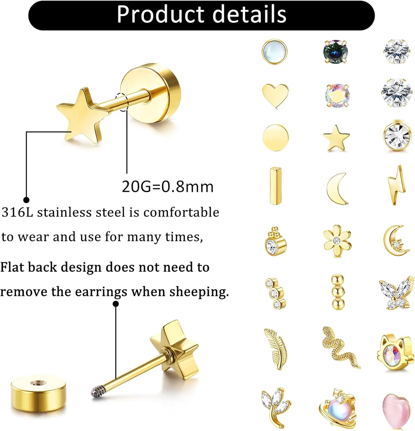 LOLIAS 24Pcs Cartilage Earrings for Women Men 20G Surgical Steel Flat Back Stud Earrings CZ Helix Conch Small Flatback Earrings Hypoallergenic Nap Earrings