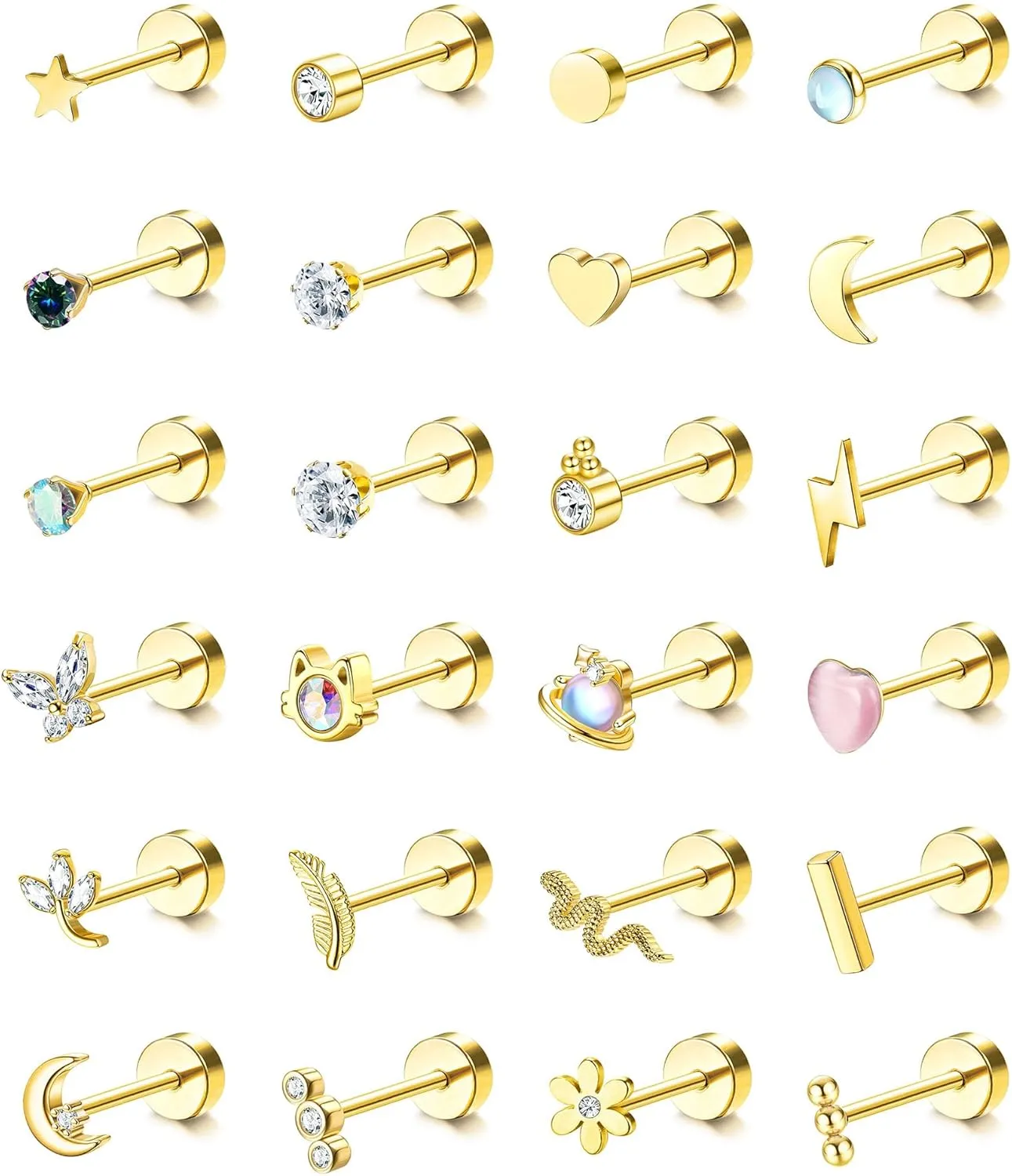 LOLIAS 24Pcs Cartilage Earrings for Women Men 20G Surgical Steel Flat Back Stud Earrings CZ Helix Conch Small Flatback Earrings Hypoallergenic Nap Earrings