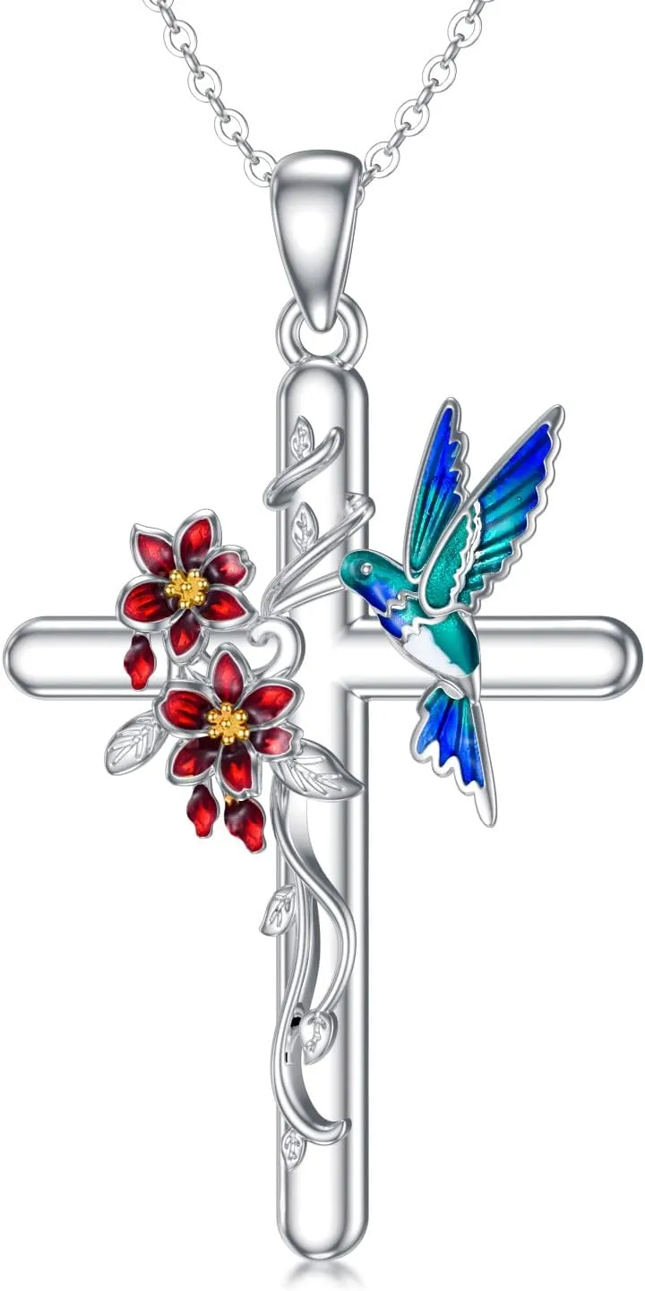 LONAGO Hummingbird Necklace 925 Sterling Silver Hummingbird Cross Pendant Necklaces Hummingbirds Jewelry Gifts for Women (F-hummingbird)