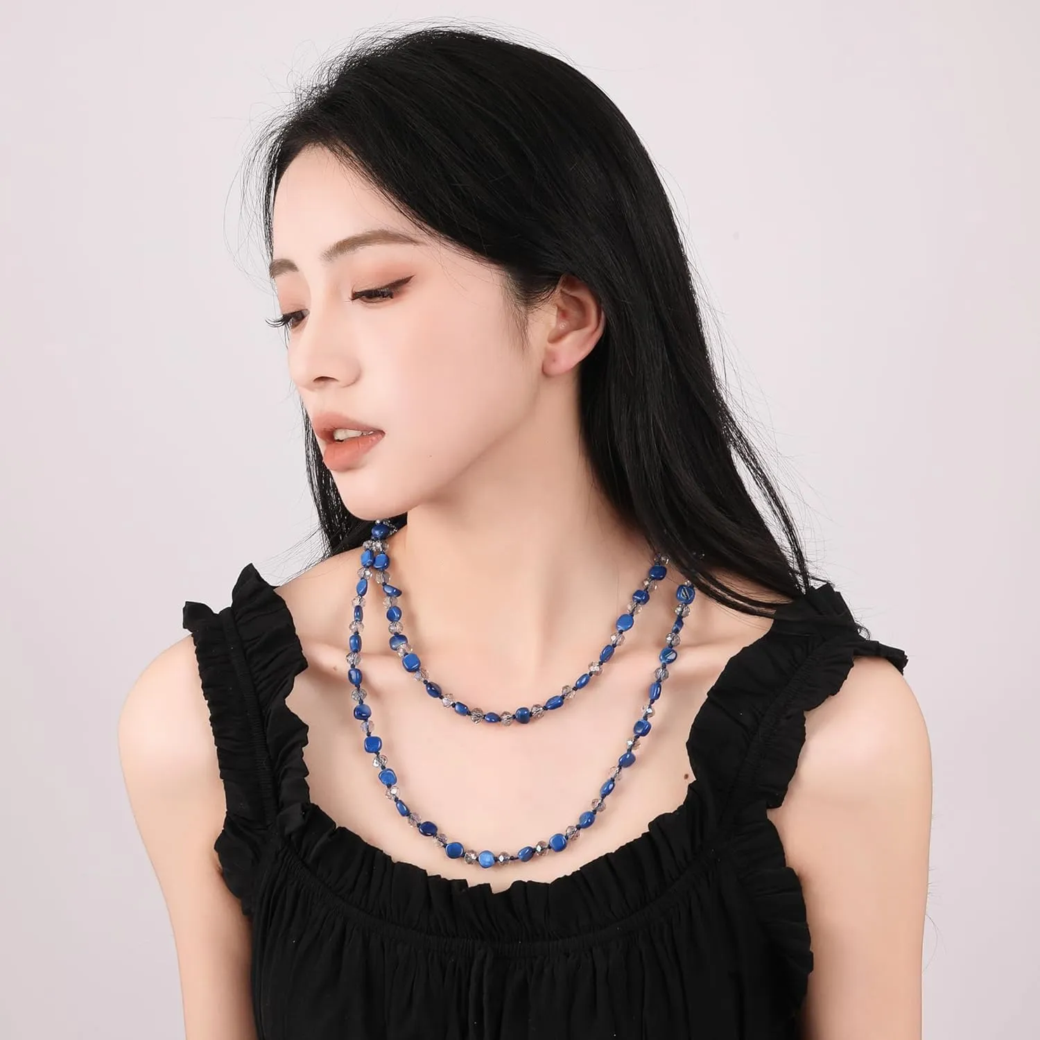 Long Beads Necklaces for Women Shell Crystal Beads 48" Long Rope Knot Necklace Costume Jewelry for Gifts