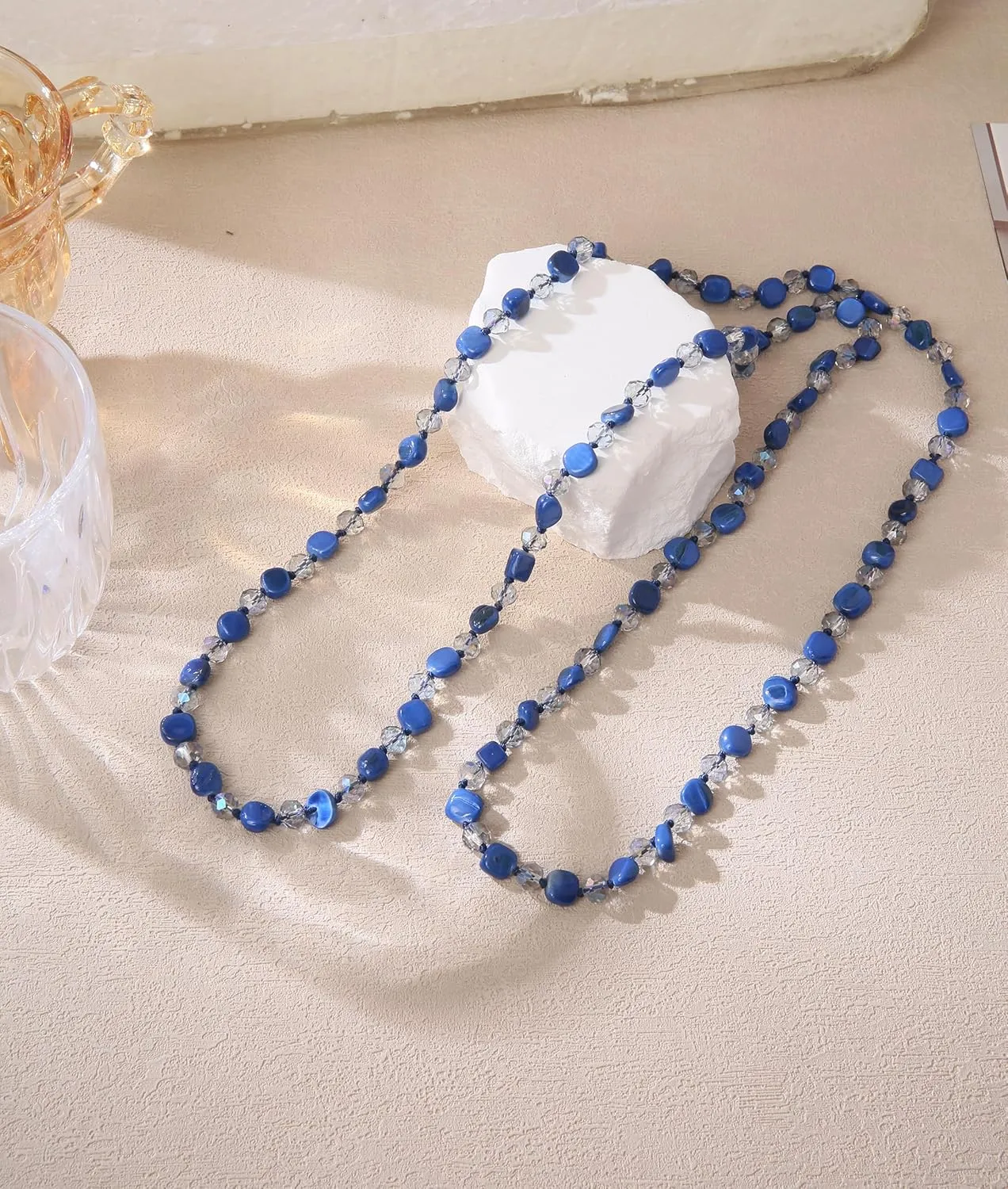 Long Beads Necklaces for Women Shell Crystal Beads 48" Long Rope Knot Necklace Costume Jewelry for Gifts