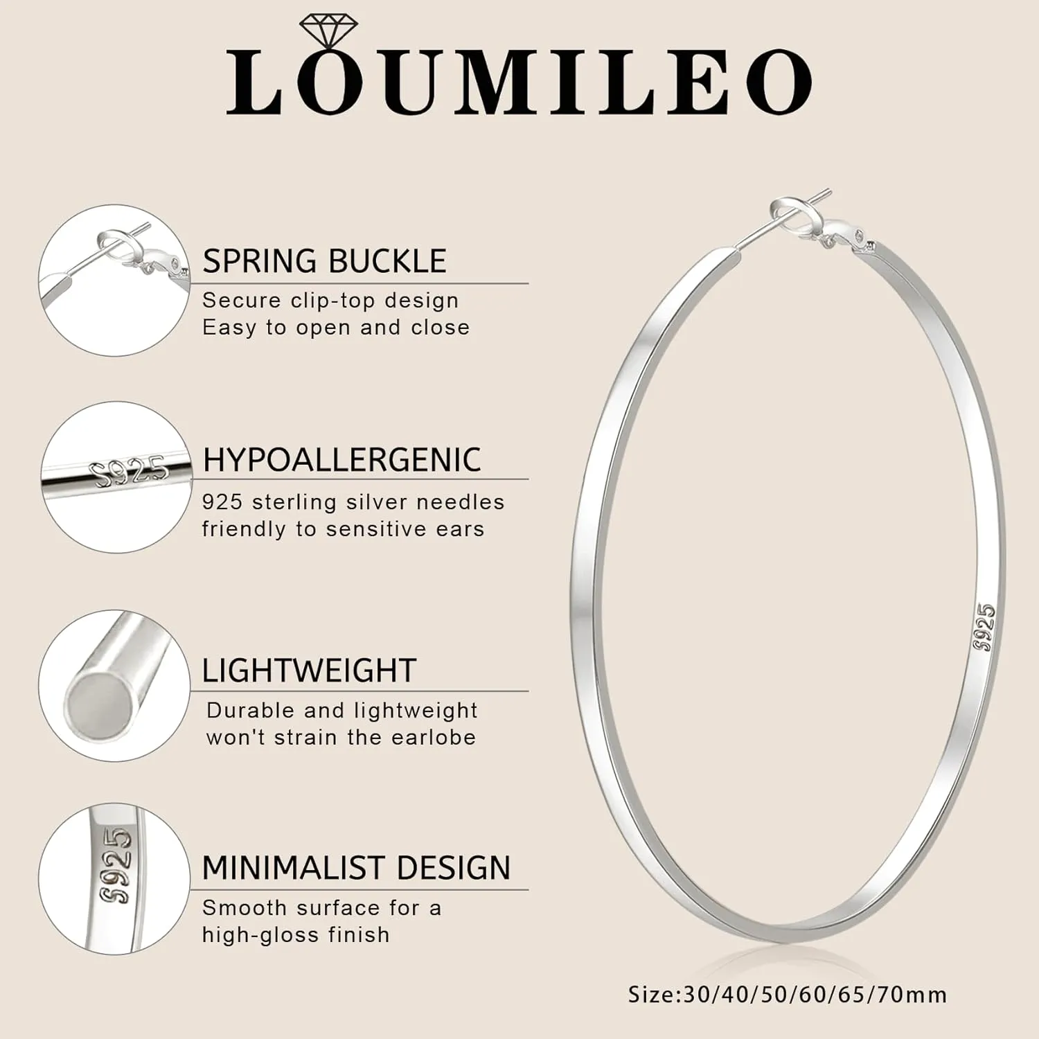 LOUMILEO Sterling Silver Hoop Earrings Large Silver Hoop Earrings for Women Lightweight Big Hoops Earring Hypoallergenic Thin Hoops Earring for Women 30/40/50/60/65/70MM