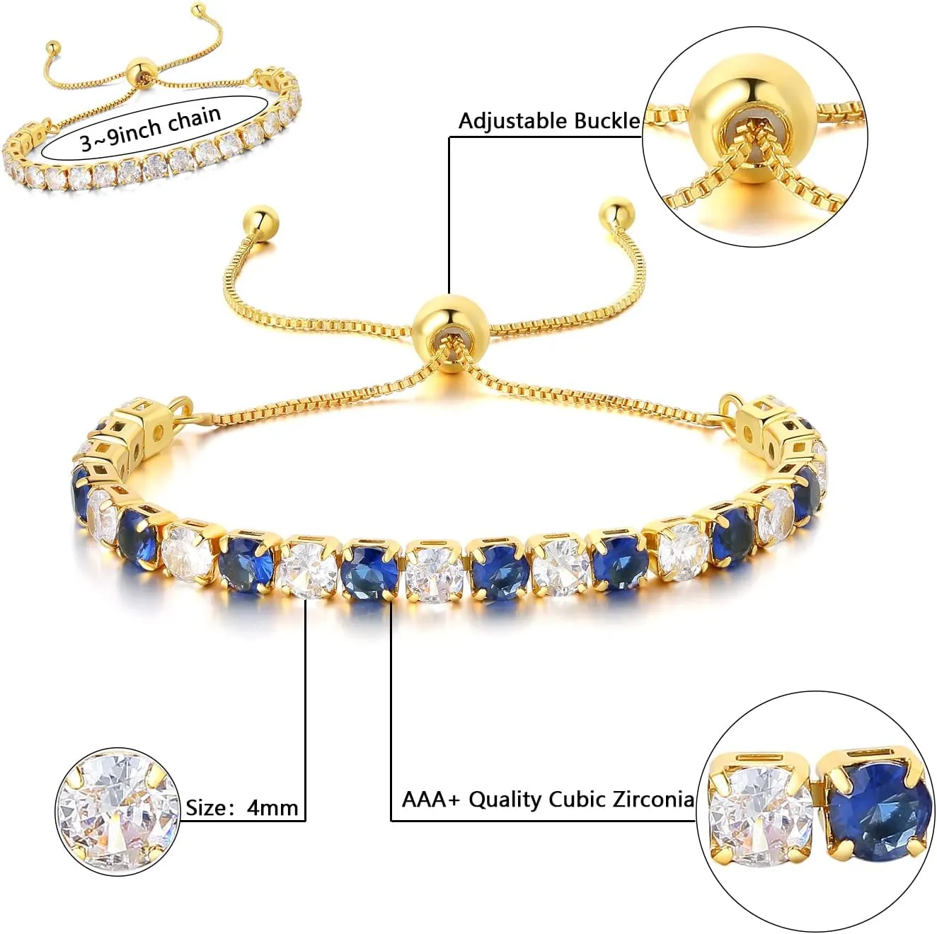 Lovans Tennis Bracelets for Women Cubic Zirconia Bracelet in Silver/Gold/Rose Gold Adjustable Bracelet in Size 3-9inch Fashion Jewelry Gifts