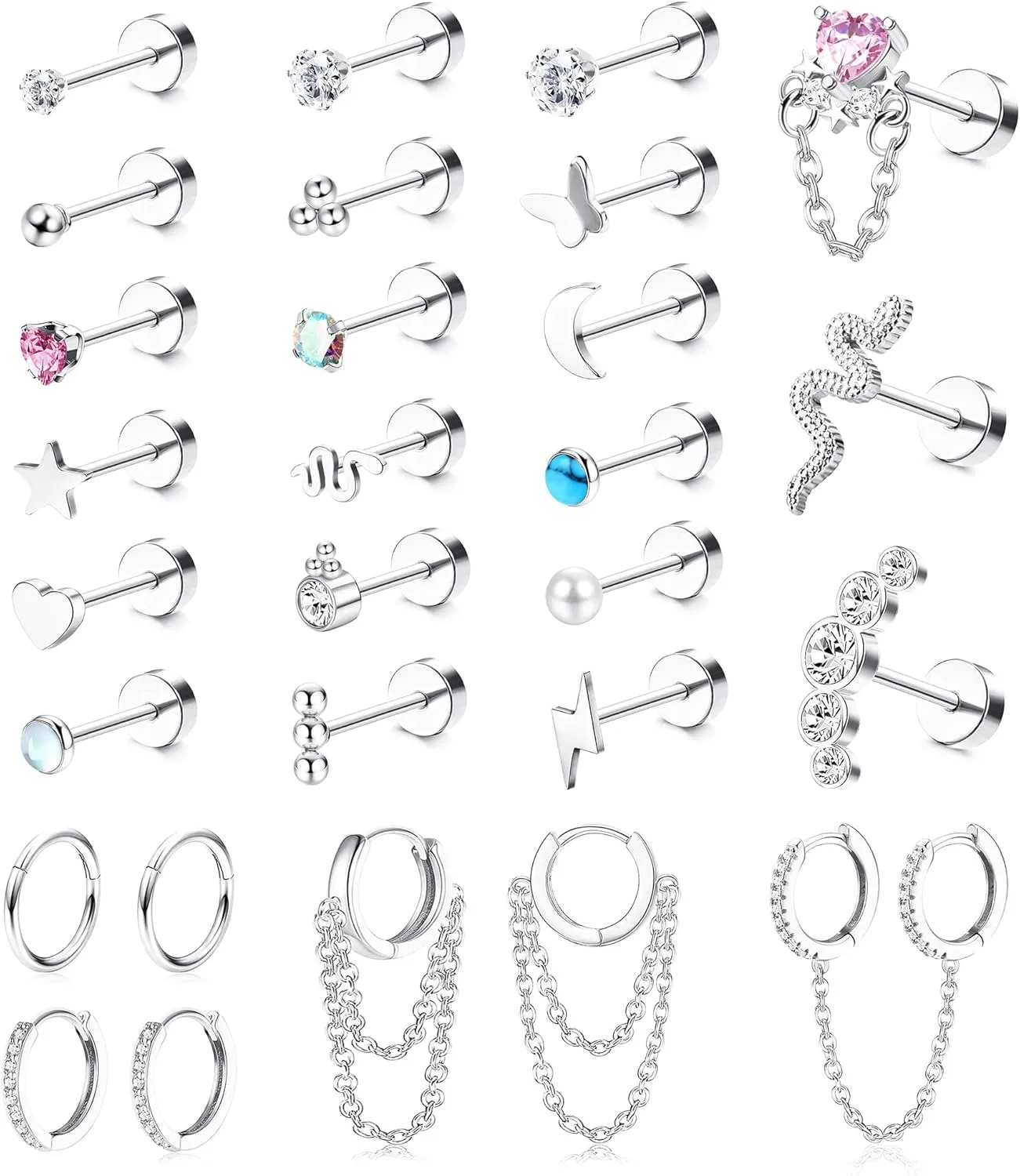 LOYALLOOK 28Pcs 14K Gold Plated Cartilage Stud Earrings and Hoops Set Stainless Steel Conch Helix Tragus Flatback Stud Earrings Dangle Chain Huggie Hoop Earrings Set for Multiple Piercing