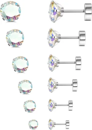 LOYALLOOK 6Pairs G23 Titanium Flat Back Stud Earrings for Women Men Titanium Round CZ AB Cartilage Earring Studs for Sensitive Ears Hypoallergenic Screw Back Ear Piercing Set 20G 2-8MM