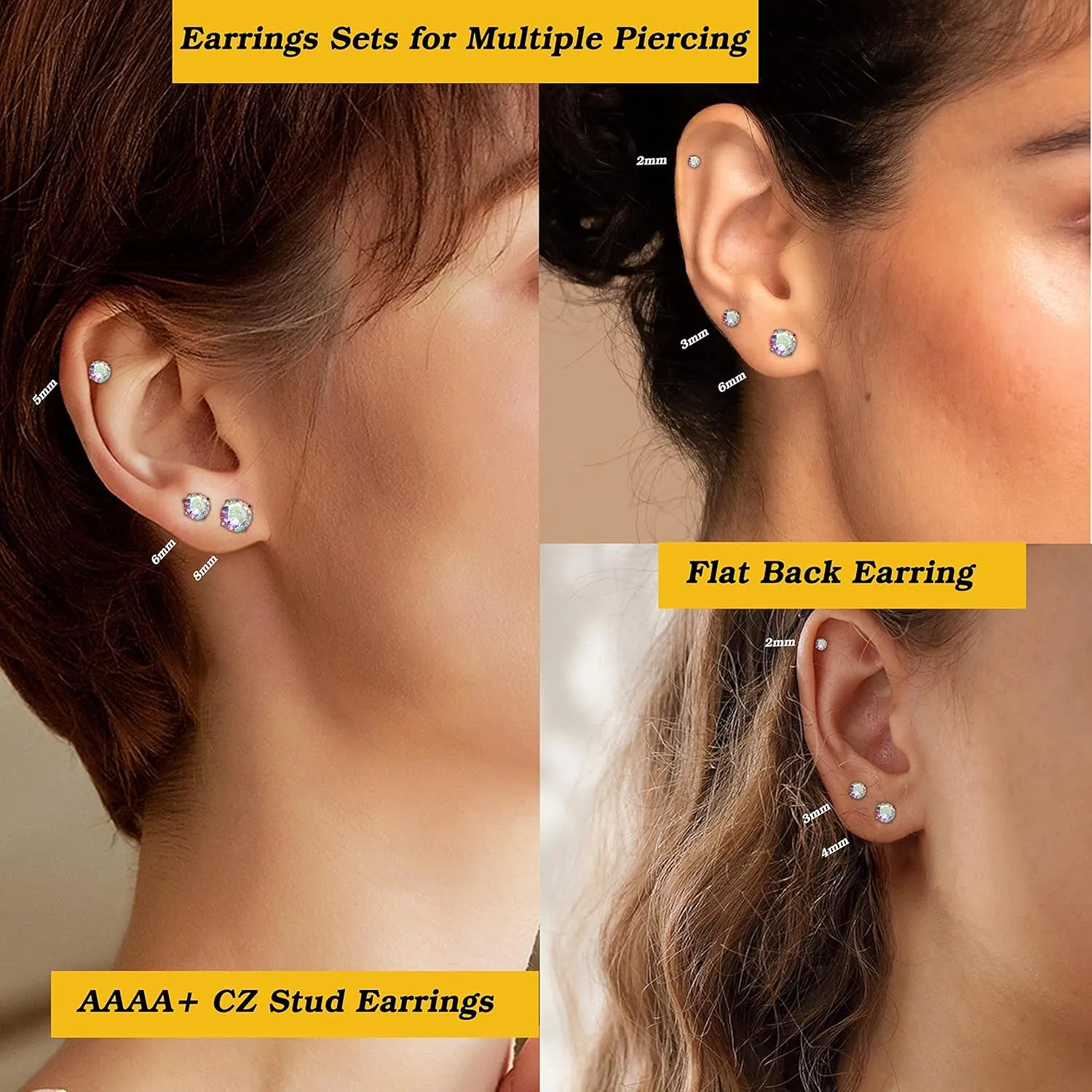 LOYALLOOK 6Pairs G23 Titanium Flat Back Stud Earrings for Women Men Titanium Round CZ AB Cartilage Earring Studs for Sensitive Ears Hypoallergenic Screw Back Ear Piercing Set 20G 2-8MM