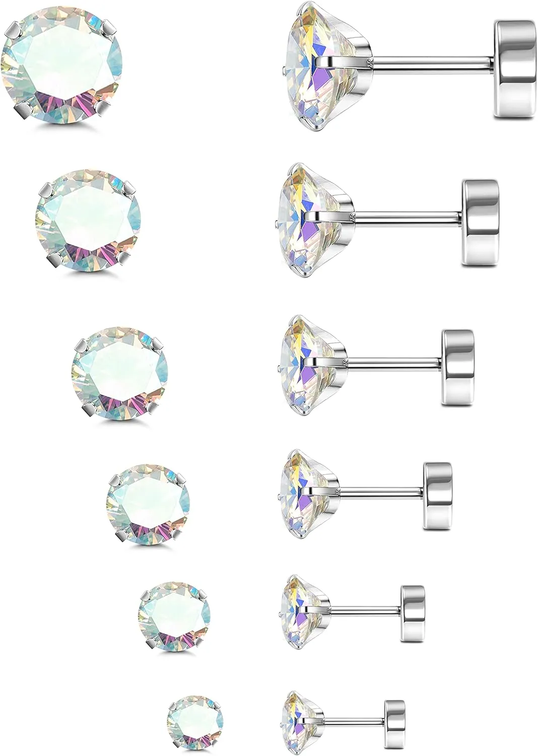 LOYALLOOK 6Pairs G23 Titanium Flat Back Stud Earrings for Women Men Titanium Round CZ AB Cartilage Earring Studs for Sensitive Ears Hypoallergenic Screw Back Ear Piercing Set 20G 2-8MM